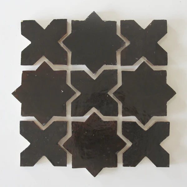 Tiles of Ezra Moroccan Zellige - Star Cross Shape - Chocolate