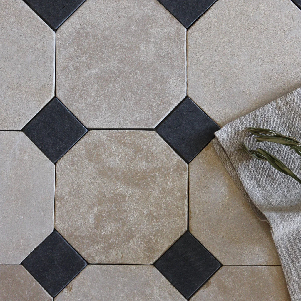 Tiles of Ezra Moroccan Limestone - Octagon - MEKNES+BLACK-8x8