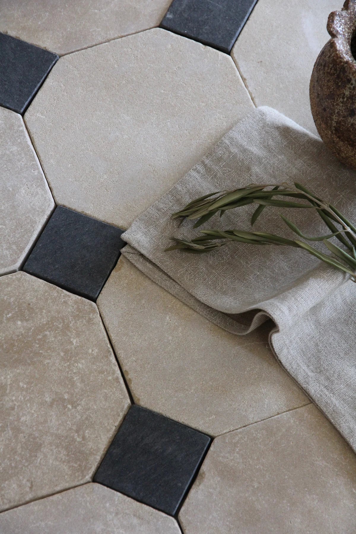 Tiles of Ezra Moroccan Limestone - Octagon - MEKNES+BLACK-8x8