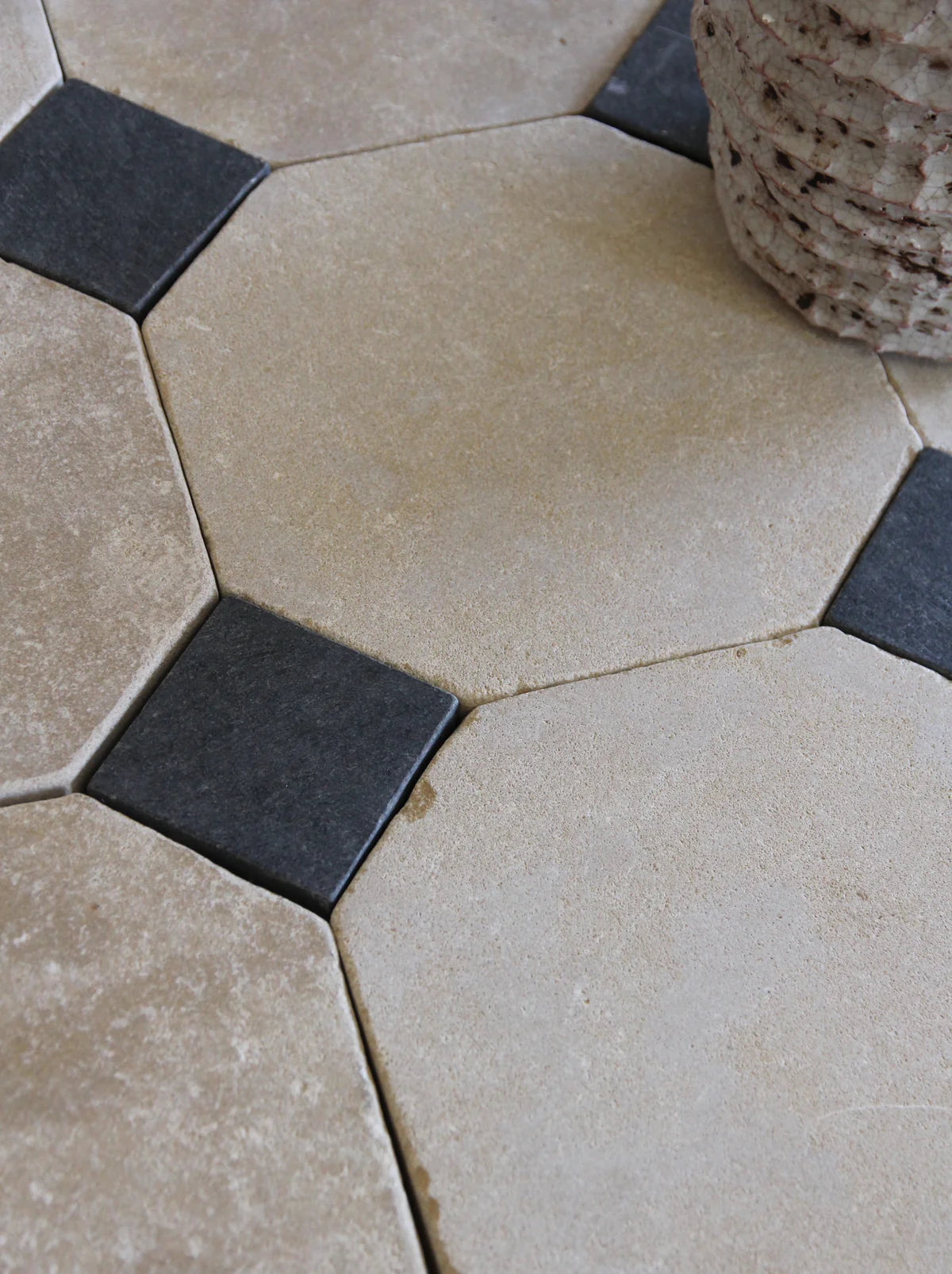 Tiles of Ezra Moroccan Limestone - Octagon - MEKNES+BLACK-8x8