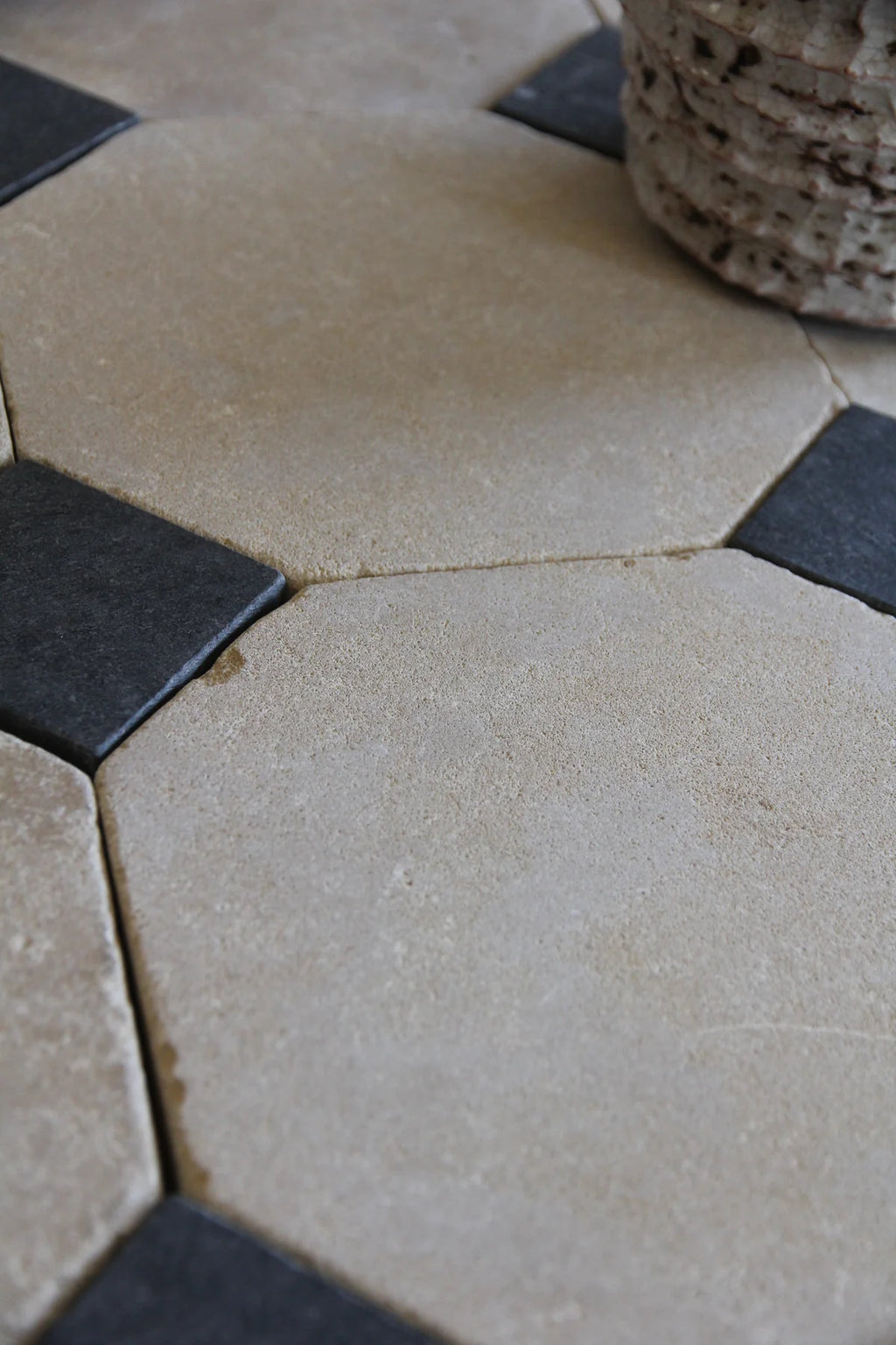 Tiles of Ezra Moroccan Limestone - Octagon - MEKNES+BLACK-8x8