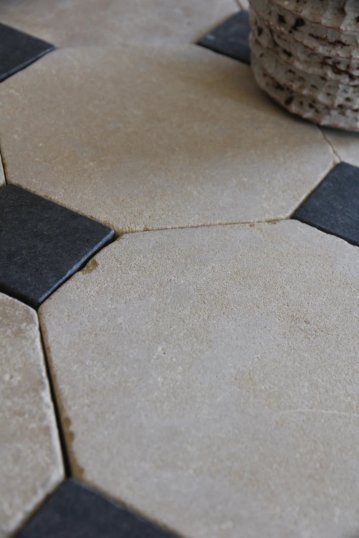 Tiles of Ezra Moroccan Limestone - Octagon - MEKNES+BLACK-8x8